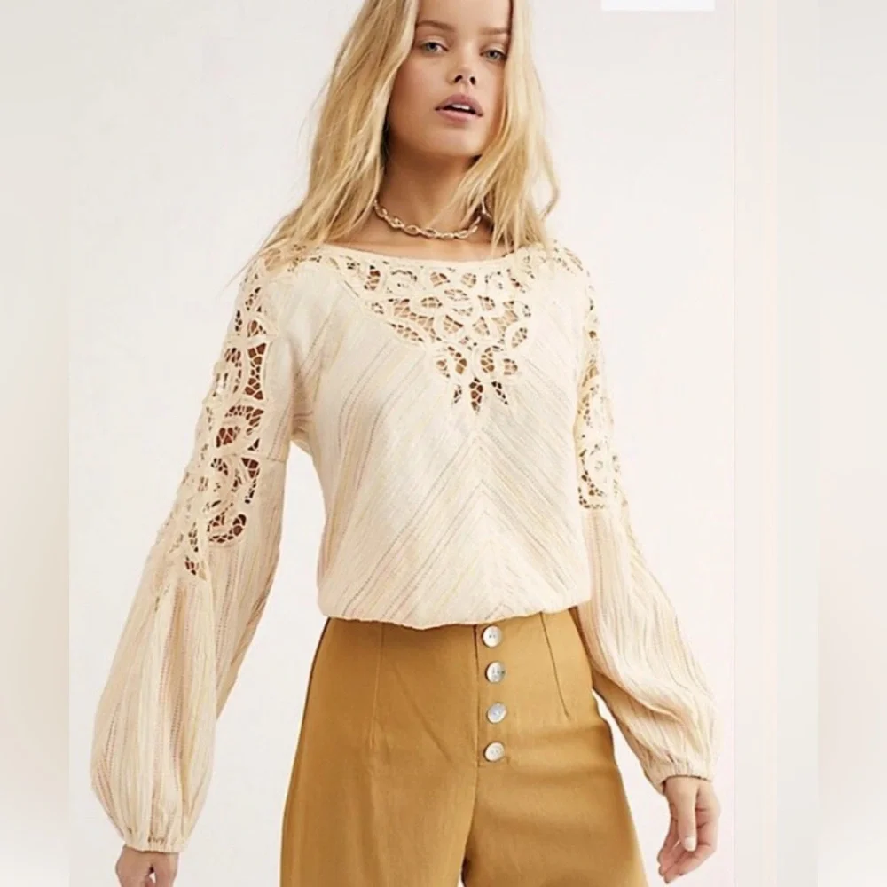 Free People Cream Lace & Striped Detail Peasant Top, XS